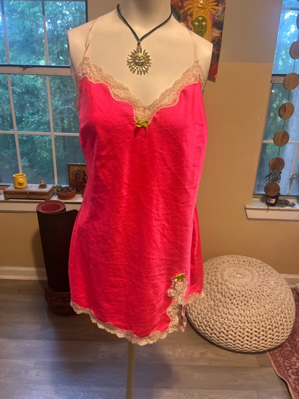 Victorias Secret Women’s Hot Pink Lace-Trim Slip Nightdress